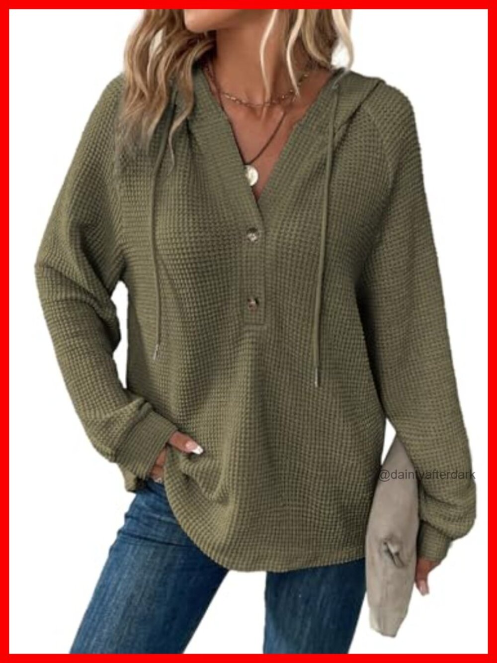 Waffle Knit Hoodie Women Button V Neck Oversized Sweatshirt Tops